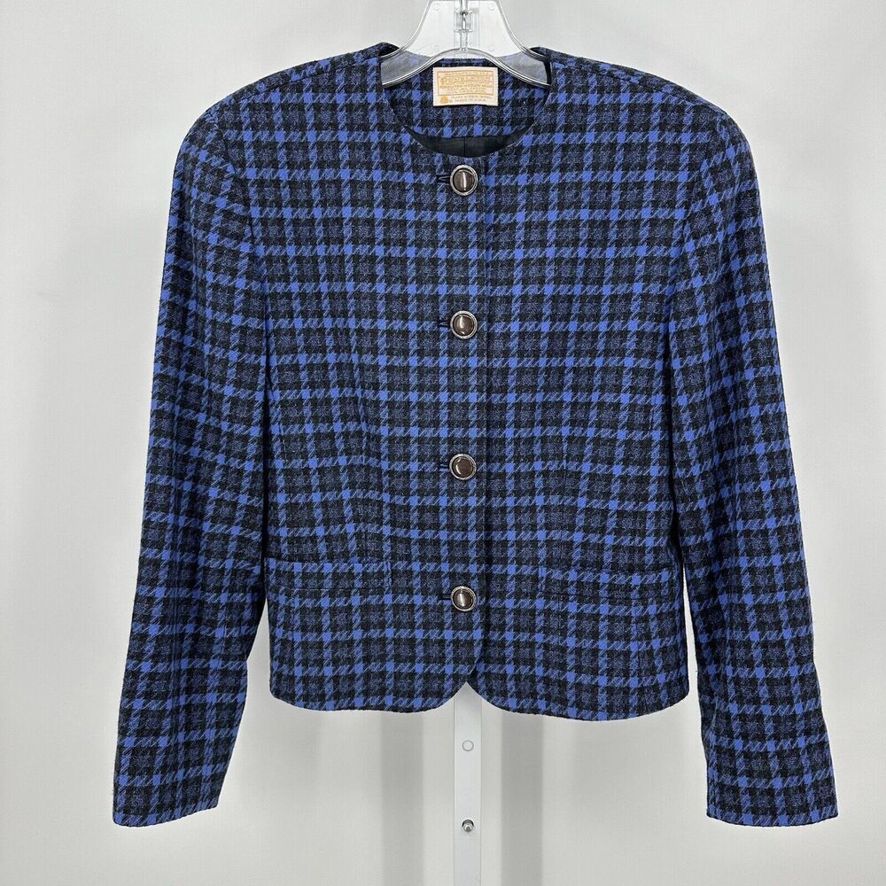 Vintage Pendleton Women Blazer Size 10 Blue Black Houndstooth 100% Virgin Wool‎